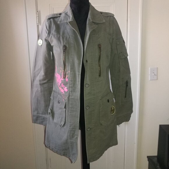 BB Dakota Vintage Olive Green Long Twill Utility Jacket - Size Small - Picture 2 of 15